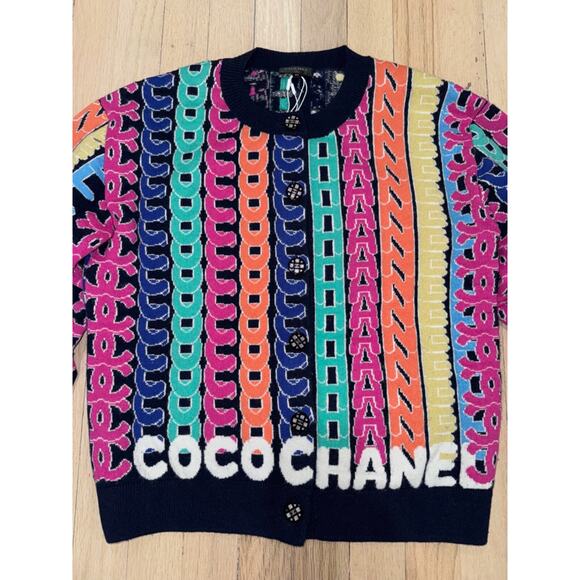Chanel 21K Blue Rainbow Letter Logo CC Button Long Sleeve Cardigan Sweater 36 - Picture 4 of 15
